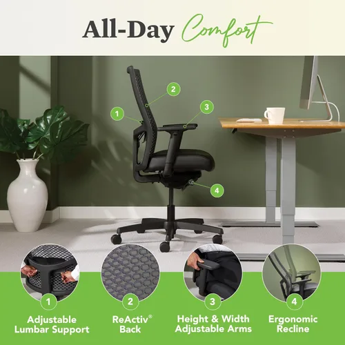 Vista 4 de HON Ignition 2.0 ReActiv - Silla de oficina ergonómica, silla de escritorio de malla con soporte lumbar, inclinación de sincronización avanzada