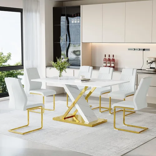 Vista 16 de Juego de mesa de comedor de mármol para mesa rectangular blanca de 6.63 pulgadas con marco de metal plateado en forma de X y 6 sillas de comedor
