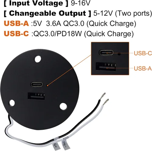 Vista 2 de Facon Enchufe de montaje en pared de 12 V – Puerto de carga USB C RV y enchufe de cargador USB QC3.0 – Dual 18 W (A+C) Cableado directo para RV
