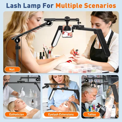 Vista 8 de KIRKAS Luz de media luna para extensiones de pestañas, tatuadores, luz LED de tecnología de pestañas mejorada con base rodante de 4 ruedas, lámpara