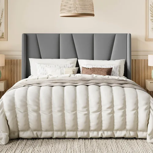 Vista 11 de SHA CERLIN Base de cama tamaño Queen con cabecera geométrica con respaldo de ala, plataforma tapizada con soporte de listones de madera, espacio Gris