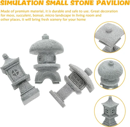 Vista 7 de Kisangel 3 piezas de adornos de jardín de piedra arenisca en forma de pabellón estatuas en miniatura para terrario zen pequeño decoración de jardín