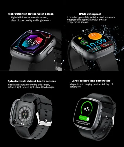 Vista 7 de Reloj inteligente resistente al agua, pantalla táctil HD de 1.72 pulgadas, rastreador avanzado de salud con más de 100 modos de ejercicio, Negro