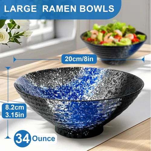 Vista 3 de Juego de 2 cuencos de cerámica para ramen de 8 pulgadas (9 piezas) – Tazones grandes de porcelana japonesa para ensalada, fideos, cereales, frutas