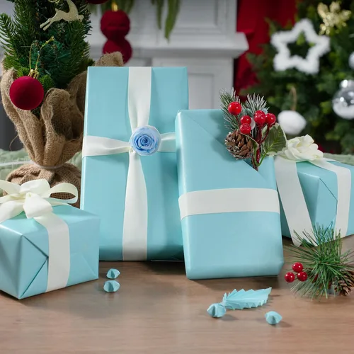 Vista 7 de Papel de regalo azul claro mate, papel de regalo reversible Pearly-Lustre