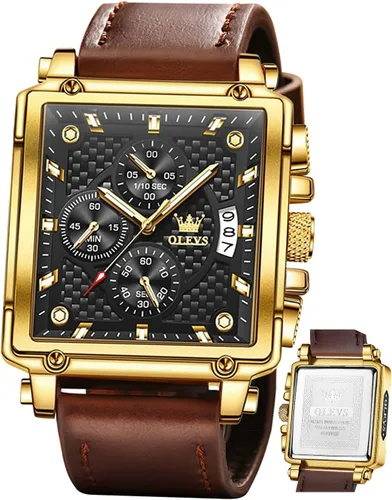 Vista 17 de OLEVS Relojes cuadrados para hombre, cronógrafo de cuero marrón, reloj de negocios de moda, luminoso, impermeable, relojes de pulsera casuales
