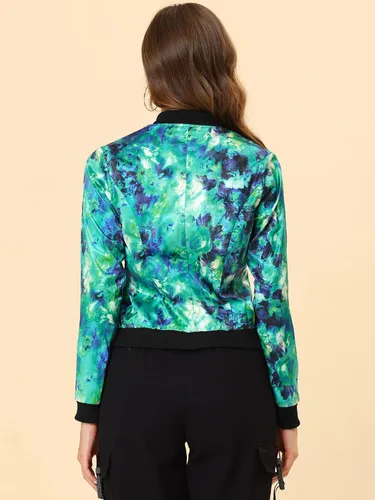 Vista 4 de Allegra K Campera abombada informal, con estampado floral, con cierre, con cuello levantado, de mangas largas, para mujer.