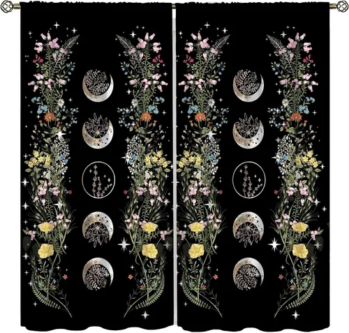 Vista 16 de Cortinas de Ventana Bohemias con Plantas Florales para Dormitorio de Niño y Niña, Cortinas de Ventana Góticas de Jardín Iluminado por la Luna