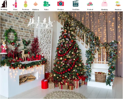 Vista 2 de Telón de fondo de fotografía de Navidad de 5 x 3 pies, escena de Navidad, decoración de árbol de Navidad, fondo para fotografía, chimenea