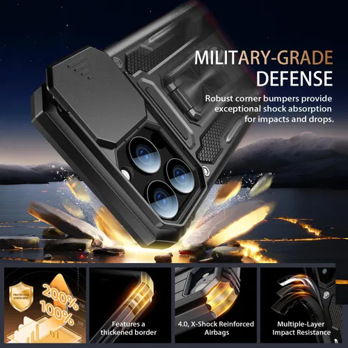 Vista 3 de MERRO Funda para iPhone 13 Pro con protector de pantalla, protección de cámara deslizante, funda resistente de grado militar con soporte magnético