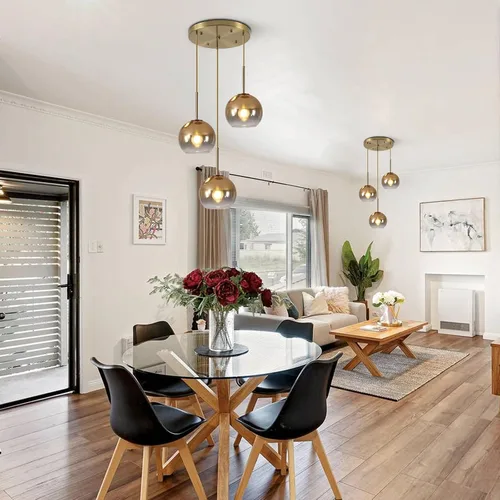 Vista 7 de KCO Iluminación - Lámpara colgante de 3 luces con globos en grupo, candelabro de cristal moderno, lámpara colgante de cristal dorado de 3 luces
