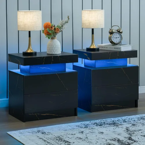Vista 11 de Juego de 2 mesitas de noche LED negras, juego de 2 mesitas de noche modernas con 2 cajones, mesa auxiliar con luces LED para dormitorio, sala