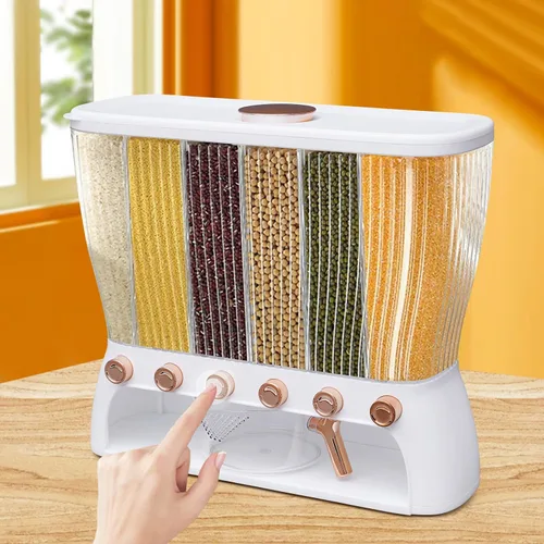 Vista 3 de Dispensador de alimentos secos de almacenamiento de arroz de 6 rejillas, dispensador de granos con taza medidora, dispensador de arroz de 22 libras