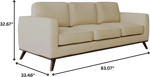 Vista 2 de LeisureMod Chester - Sofá moderno de cuero y malla de 3 plazas con base de madera de abedul Sofá de sala de estar de mediados de siglo (malla beige)