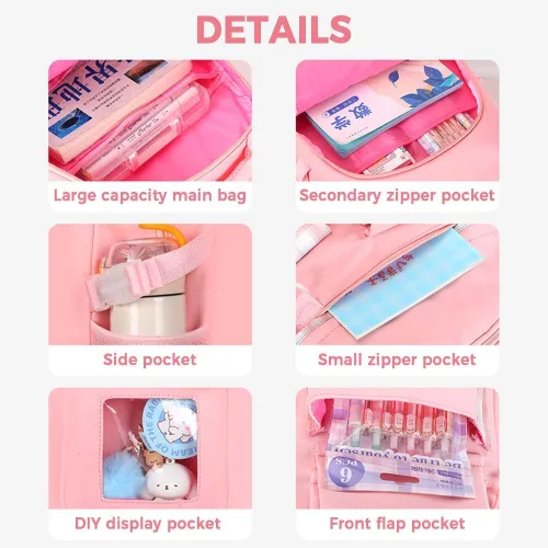 Vista 6 de Linda mochila kawaii para adolescentes y niñas, mochila kawaii para estudiantes de escuela primaria, escuela secundaria, mochila de viaje estética