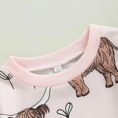 Vista 4 de Ropa occidental para bebé, niño, niña, sudadera con estampado de vaca de las tierras altas, mameluco de burbujas, traje de vaquero para bebé