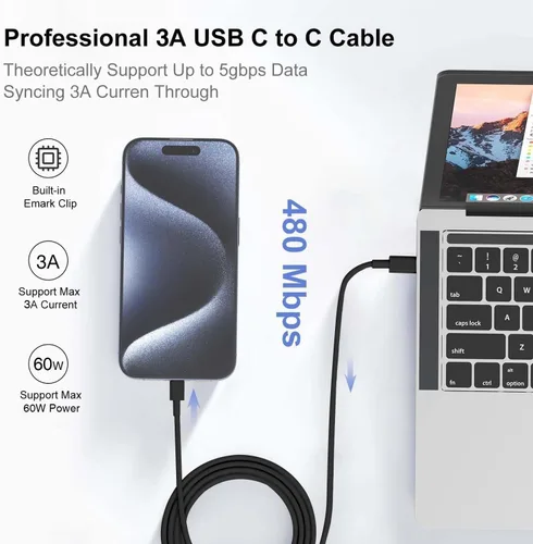 Vista 5 de Hzevn Cable de carga USB C de 60 W para MacBook Pro/Air y iPhone 16/15 Pro Max, certificado MFi 20V/3A, cable de carga súper rápido de 6 pies + 10