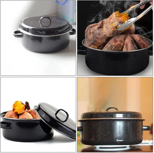 Vista 6 de Yardwe Sartén para asar redonda redonda asadora olla cubierta de esmalte sartén asador sartén asador olla pavo