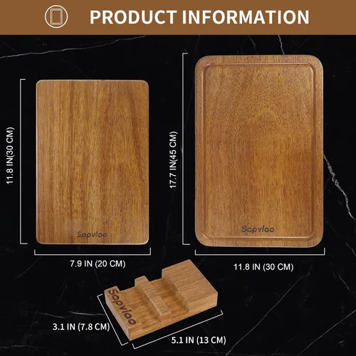 Vista 2 de Juego de tablas de cortar de madera de teca, diseño unibody sólido, una pieza, tabla de cortar de madera duradera apta para cuchillos con ranuras