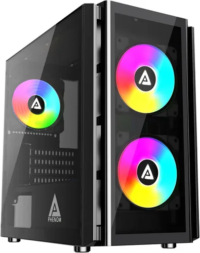 Vista 11 de Apevia Phantom-BK Phantom Micro-ATX Carcasa de PC de Juegos de Cámara Dual con 5X 120mm Ventiladores ARGB, 366 Modos RGB, Paneles de Vidrio Templado