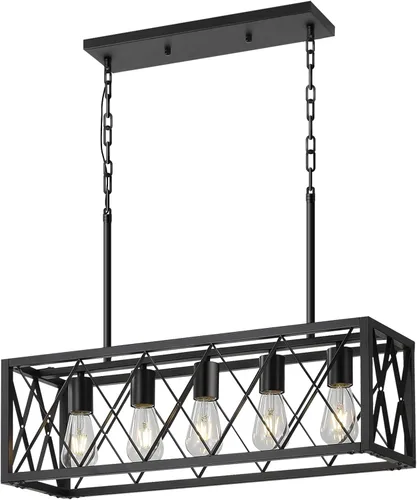 Vista 10 de Lámpara colgante estilo granja, luces colgantes negras para isla de cocina, luz colgante de metal industrial y madera vintage, lámpara de techo