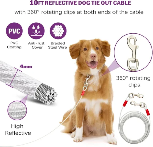 Vista 5 de Cable de amarre giratorio de 360° y estaca para perros, anclaje de acero inoxidable para perros pequeños a grandes, cable reflectante sin enredos