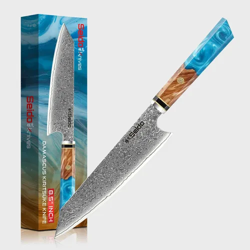 Vista 10 de Seido Knives Kiritsuke - Cuchillo de chef de acero Damasco, mango de madera estabilizado con resina epoxi, cuchillo de cocina profesional VG10