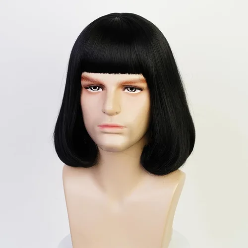 Vista 8 de Peluca unisex negra con flequillo plano, peluca de cabello negro corto y Negro Bob-Short