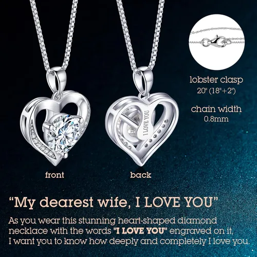 Vista 4 de Collar con dije de corazón para esposa, regalo grabado con la frase "I LOVE YOU" para esposa, novia, moissanita D de 1-3 quilates (VVS1), regalo