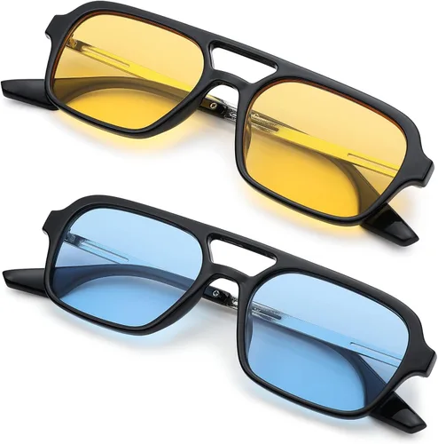 Vista 2 de Hycredi Lentes de sol planos estilo aviador retro de los años 70, gafas cuadradas vintage de moda para mujeres y hombres, diseño de metal, sombras