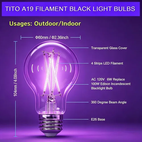 Vista 6 de TITO Paquete de 8 bombillas LED negras de filamento regulable E26 A19, UVA 395 nm, 6 W, equivalente a 100 W, bombilla negra que brilla