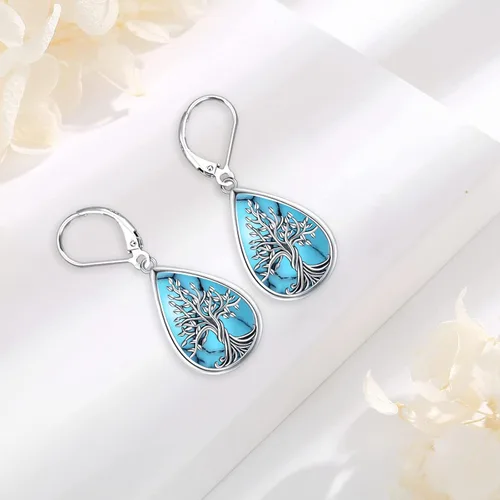 Vista 133 de Aretes colgantes de plata de ley con diseño de árbol de la vida, flor, abeja, animales, gato, colibrí, piedra lunar, turquesa, aretes con cierre