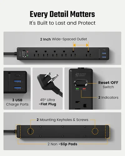 Vista 8 de SUPERDANNY - Protector de sobretensión con enchufe plano, tira de alimentación, cable de extensión ultra delgado de 6 pies con 3 USB