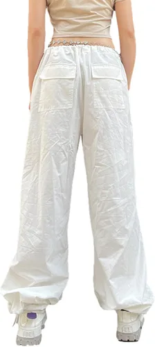 Vista 4 de UAURORAO Pantalones cargo sueltos de cintura baja para mujer, pantalones casuales holgados de pierna ancha con cordón, pantalones hippie jogger