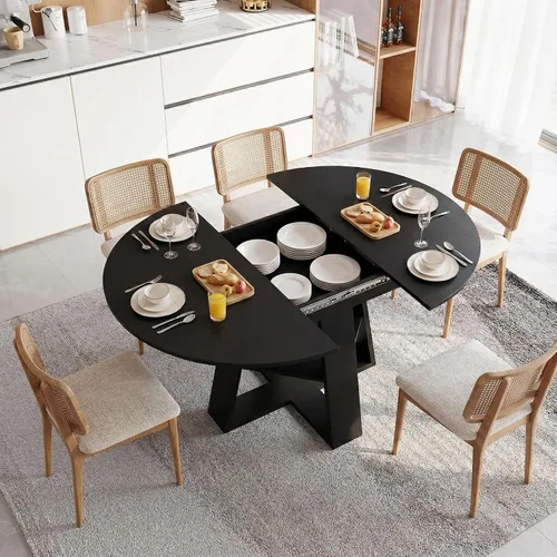 Vista 2 de Juego de 4 mesas de comedor redondas de 5 piezas para 4, 43.3 a 59 pulgadas, extensibles, redondas a ovaladas, juego de 4, mesas de comedor de Mesa