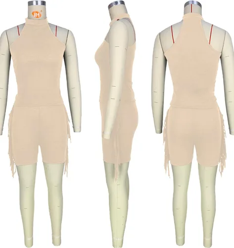 Vista 3 de LYANER Enterizo corto para mujer con borlas y cuello halter sin mangas