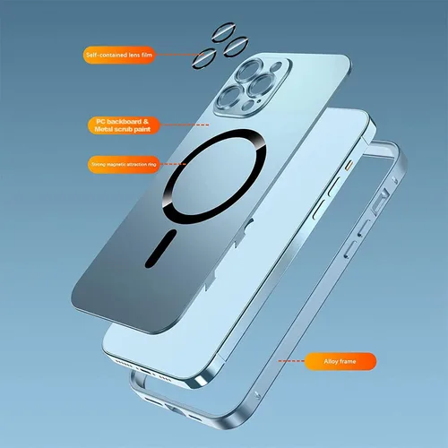 Vista 6 de Funda magnética de aluminio de metal mate para iPhone, funda magnética delgada de aleación protectora de lente de cámara para iPhone 14 Pro Max 13