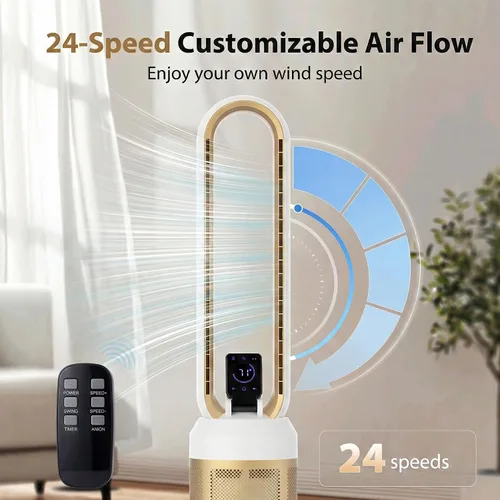 Vista 3 de Ventilador sin aspas de 38 pulgadas para dormitorio, ventilador de torre silencioso con control remoto y pantalla táctil LED grande, 24 velocidades