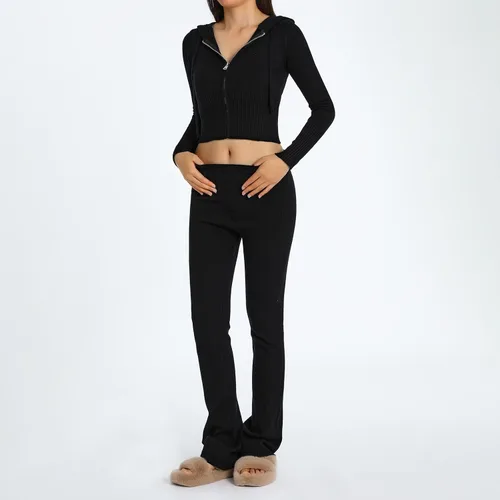 Vista 3 de Juakoso Conjunto deportivo de 2 piezas para mujer, sudadera con capucha y cremallera, pantalones deportivos de pierna ancha, conjuntos de pantalones