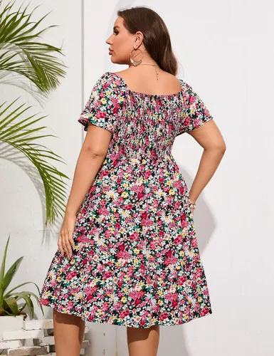 Vista 6 de KOJOOIN Vestido fruncido de talla grande para mujer, cuello redondo, manga corta, cintura alta, escalonado, casual, vestido midi de verano