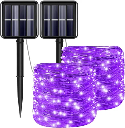 Vista 12 de Tira de luces solares azules de Navidad al aire libre impermeables, 2 paquetes, total 200 LED, 20.1 m, 8 modos, luces de hadas de cobre