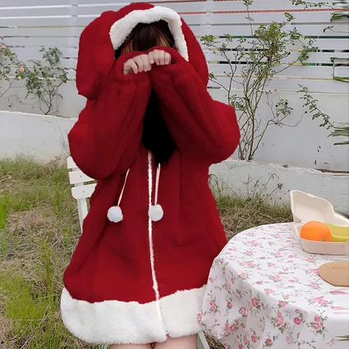 Vista 6 de Sudadera con capucha para mujer, con orejas de conejo, manga larga, mullida, esponjosa, con capucha, abrigos, anime, cosplay, suéter Kawaii