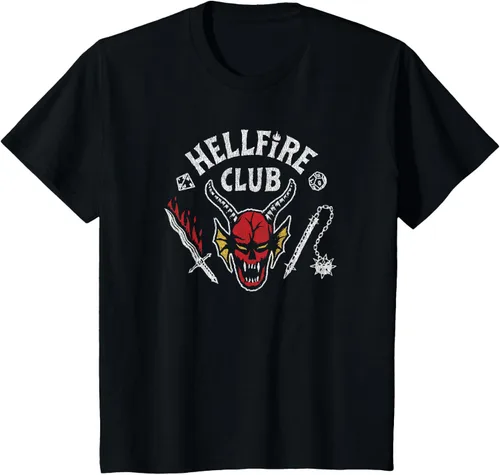 Vista 23 de Stranger Things 4 Camiseta Hellfire Club con Calavera y Armas Negro