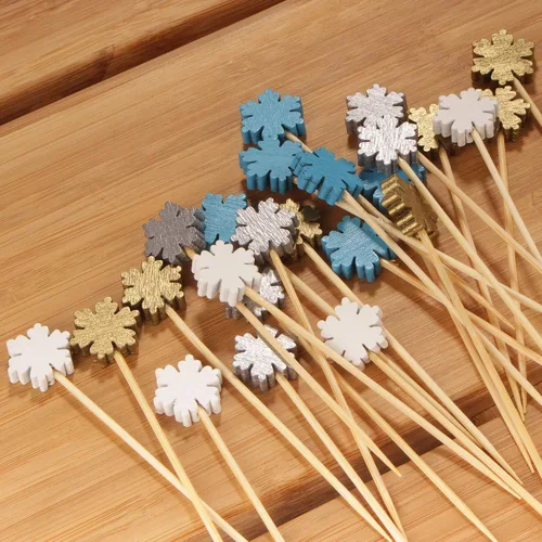 Vista 9 de BambooMN - Pinchos de bambú con copos de nieve para aperitivos y postres y cócteles - 3.9" (10 cm) - Azul, Blanco, Oro, Plata - 100 piezas