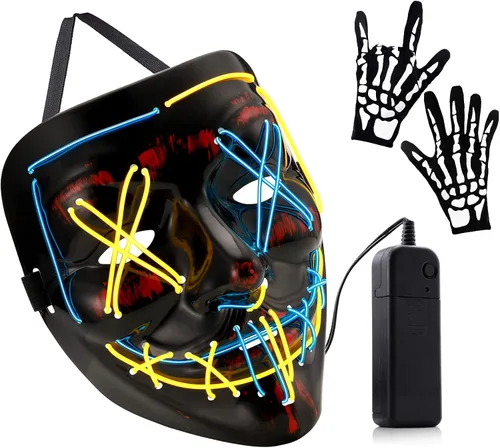 Vista 7 de Máscara de Halloween con luz LED, máscara de miedo de purga con alambre EL, para cosplay, fiestas de disfraces, fiestas de disfraces para niños