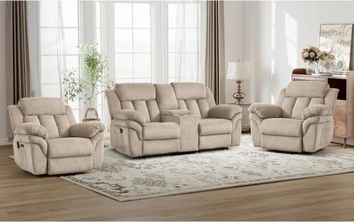 Vista 20 de CANMOV Juego de sofá reclinable, sofá biplaza reclinable manual y sofá de 3 plazas con reposabrazos sobrerelleno para sala de estar, muebles de Gris