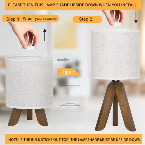 Vista 4 de HAITRAL Lámpara de Mesa de Trípode de Madera con Base Marrón, Pequeña Lámpara de Mesa Lámpara de Mesita de Noche con Pantalla de Tela de Lino