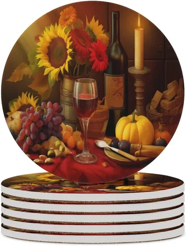 Vista 37 de 4 posavasos de vino tinto, cuadrados y modernos posavasos absorbentes de cerámica, estilo de pintura al óleo, vintage, vino tinto, uvas, rosa