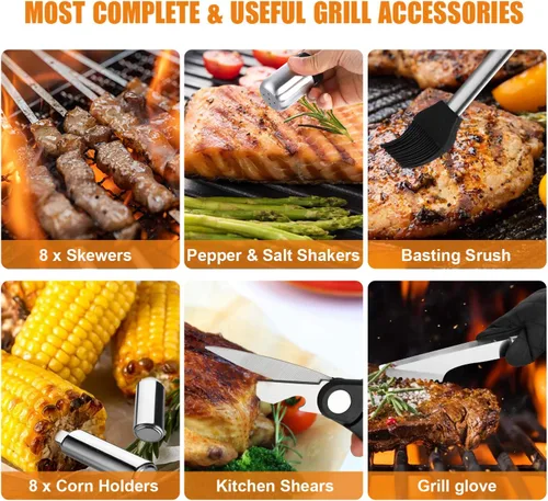 Vista 7 de Cifaisi Juego de accesorios para parrilla de barbacoa, 38 piezas de herramientas de parrilla de acero inoxidable con funda de aluminio, termómetro