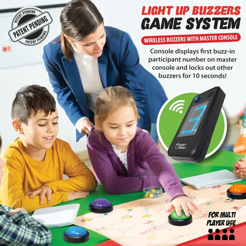 Vista 2 de Teacher's Choice Sistema de Botón de Buzzer de Juego para 4 Jugadores con Luz Inalámbrica Muestra al Jugador Ganador Sonidos Fuertes y Únicos